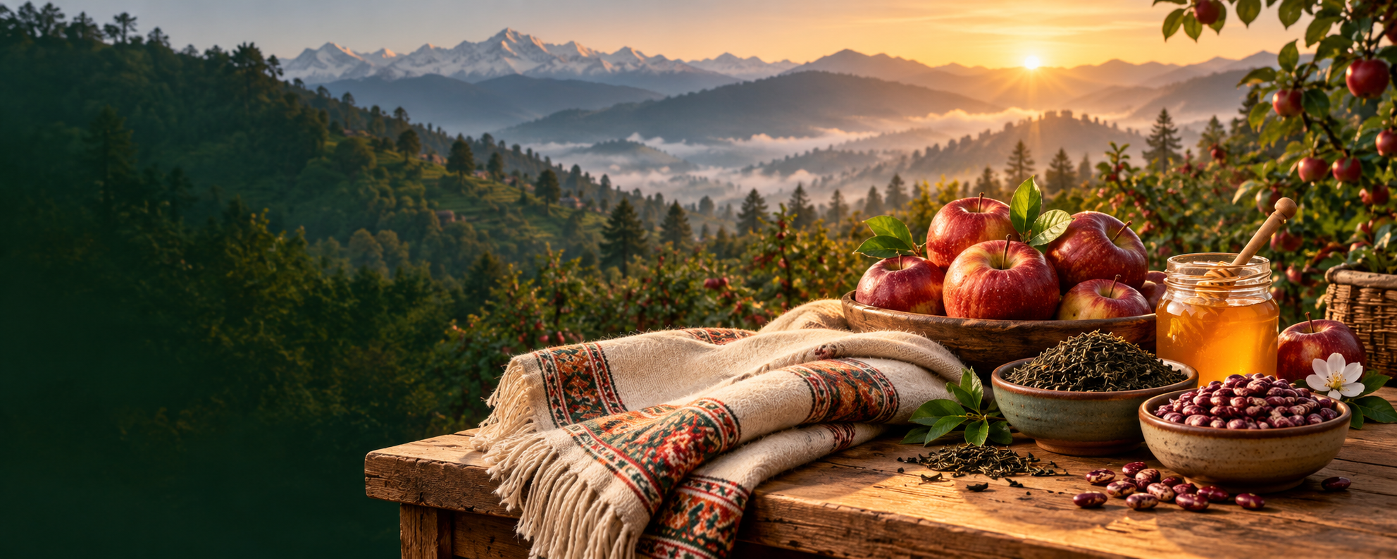 Illustrated Himachal orchard produce, tea and woven craft against misty mountain foothills