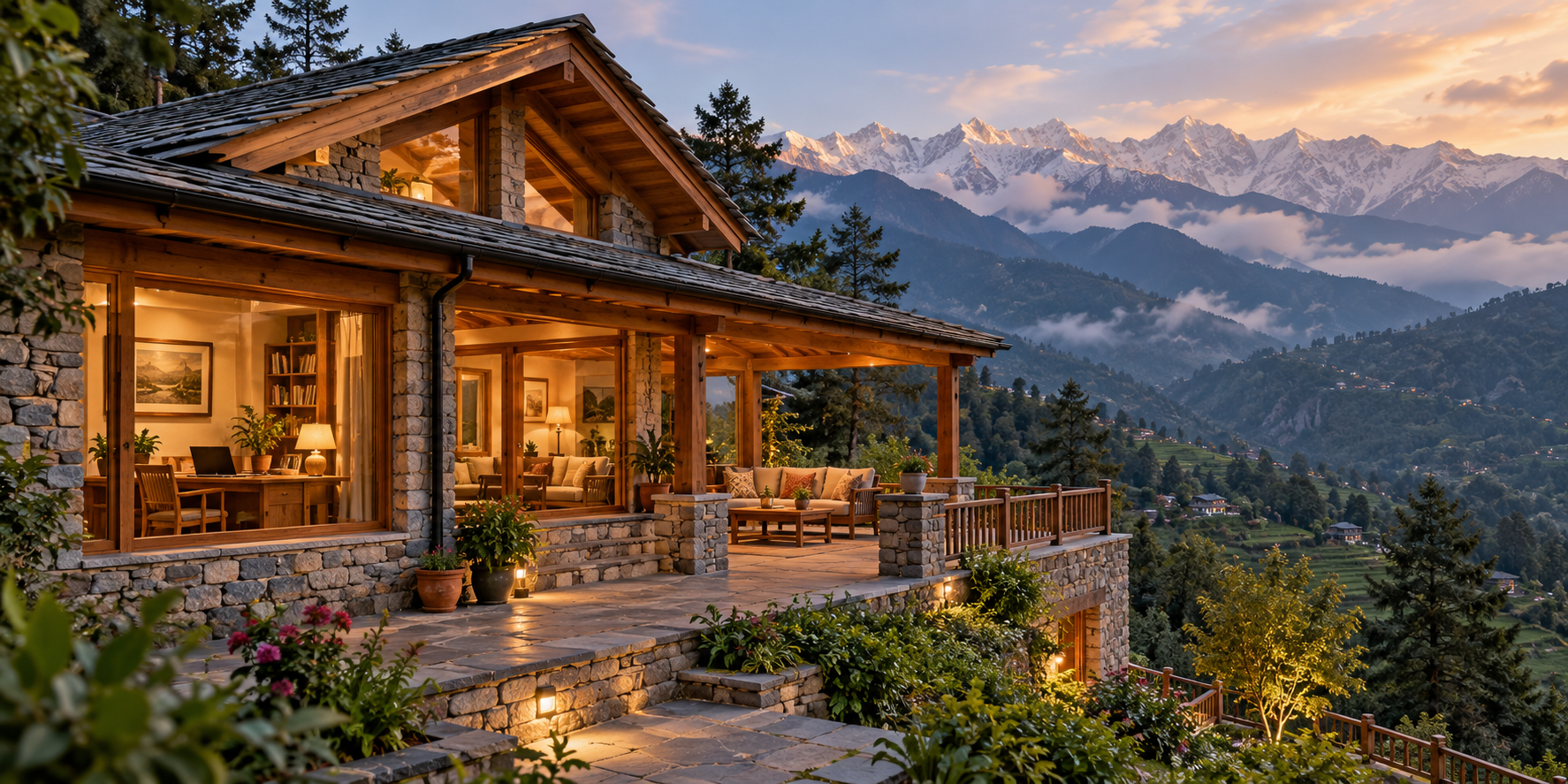 AI concept of a Himachal mountain homestay; not an actual property listing